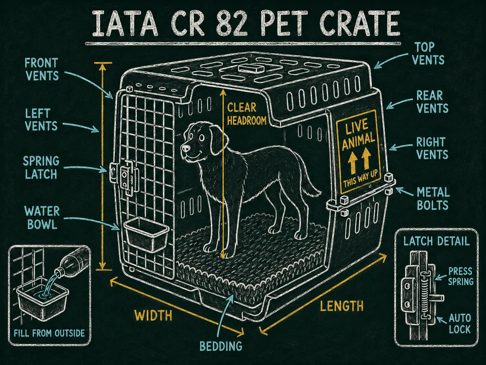 Diagram of an IATA Container Requirement 82 pet crate, labelled with front, rear, left and right ventilation, the spring latch and metal bolts, a fillable water bowl, clear headroom for the animal to stand and turn, and the width, length and bedding depth that determine crate sizing.