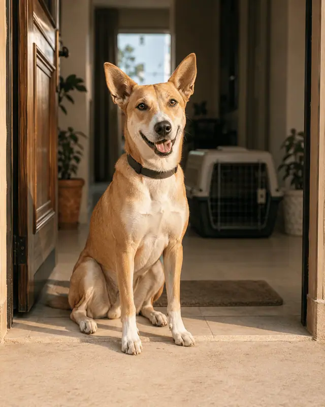 Kaju, a tan Indie dog, sitting in his front doorway with his travel crate waiting in the hallway behind him.
