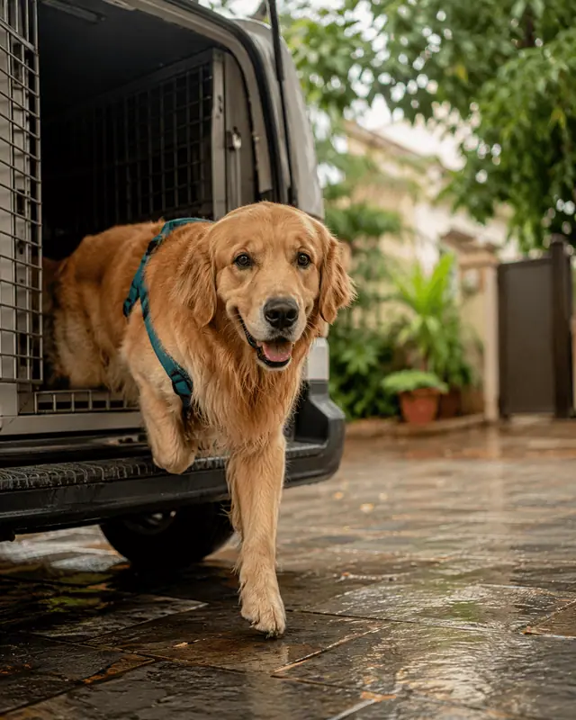 Leo, a golden retriever in a teal harness, stepping down from the pet van onto a wet monsoon driveway.