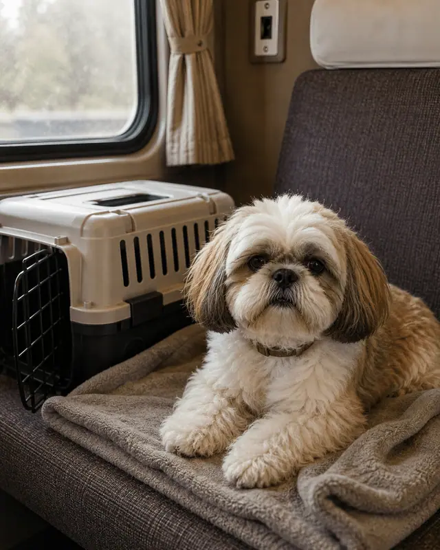 Luna, a Shih Tzu, settled on a towel on a train berth next to her open carrier, watching the window.