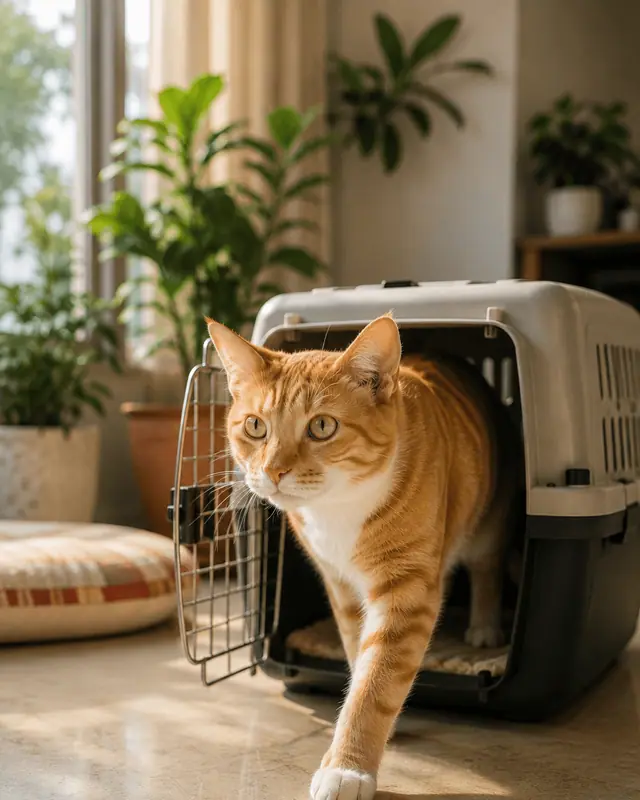 Mishti, a ginger tabby cat, walking out of her open crate into a sunlit living room.