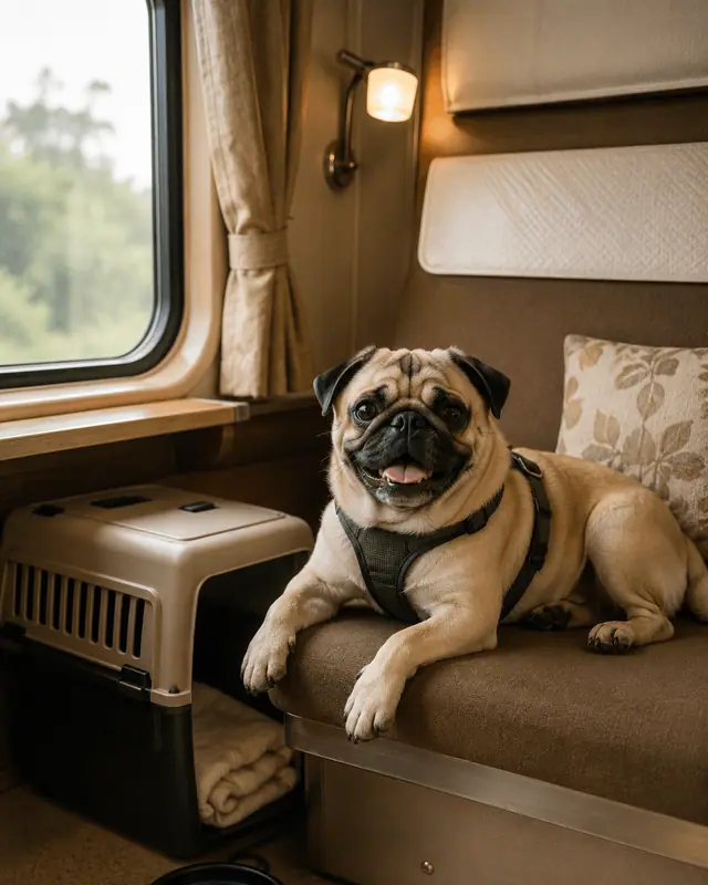 Momo, a pug in a harness, resting on a train berth with his crate, folded towels and water bowl within reach.