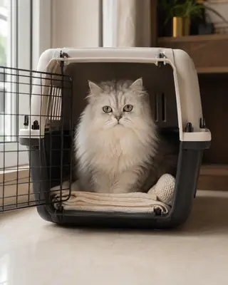 Noor, a silver Persian cat, sitting on a folded blanket inside her open crate beside a window.