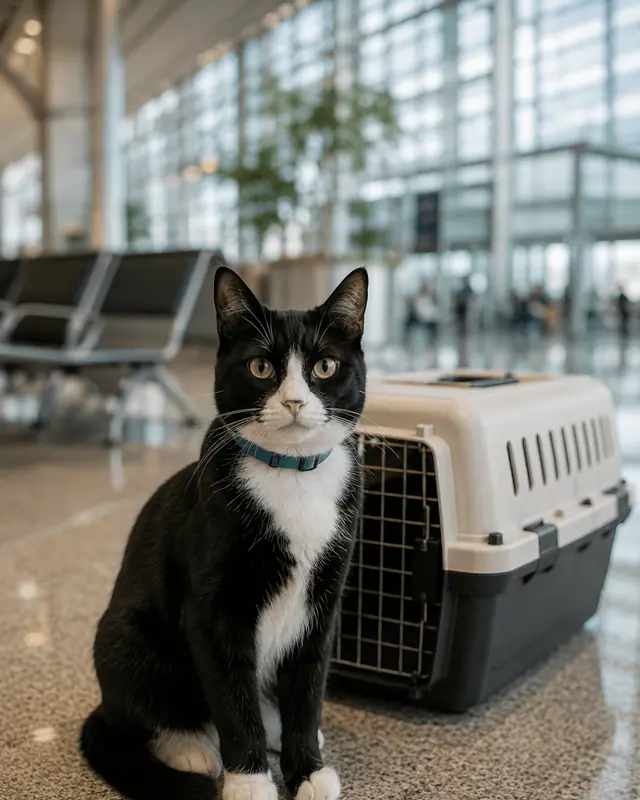 Oreo, a tuxedo cat in a teal collar, sitting beside his crate in an airport terminal.