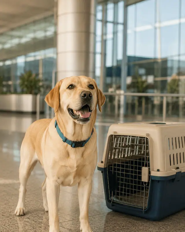 Simba, a yellow Labrador in a blue collar, standing beside his navy IATA crate in an airport departures hall.