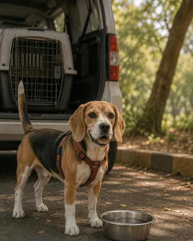 Zara, a beagle in a red harness, standing at the back of the pet van with her water bowl refilled during a road break.
